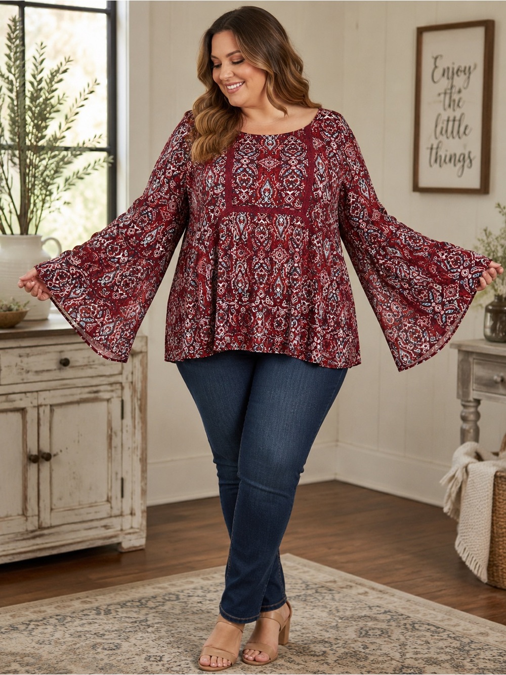 Avenue Size 14/16 Burgundy Paisley Bell Sleeve Tunic Blouse Boho Festival Casual
